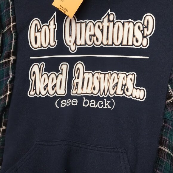 3228 Size XL Gildan Got Questions Upcycled Hoodie, In Blue, Purple and White. - Picture 3 of 8